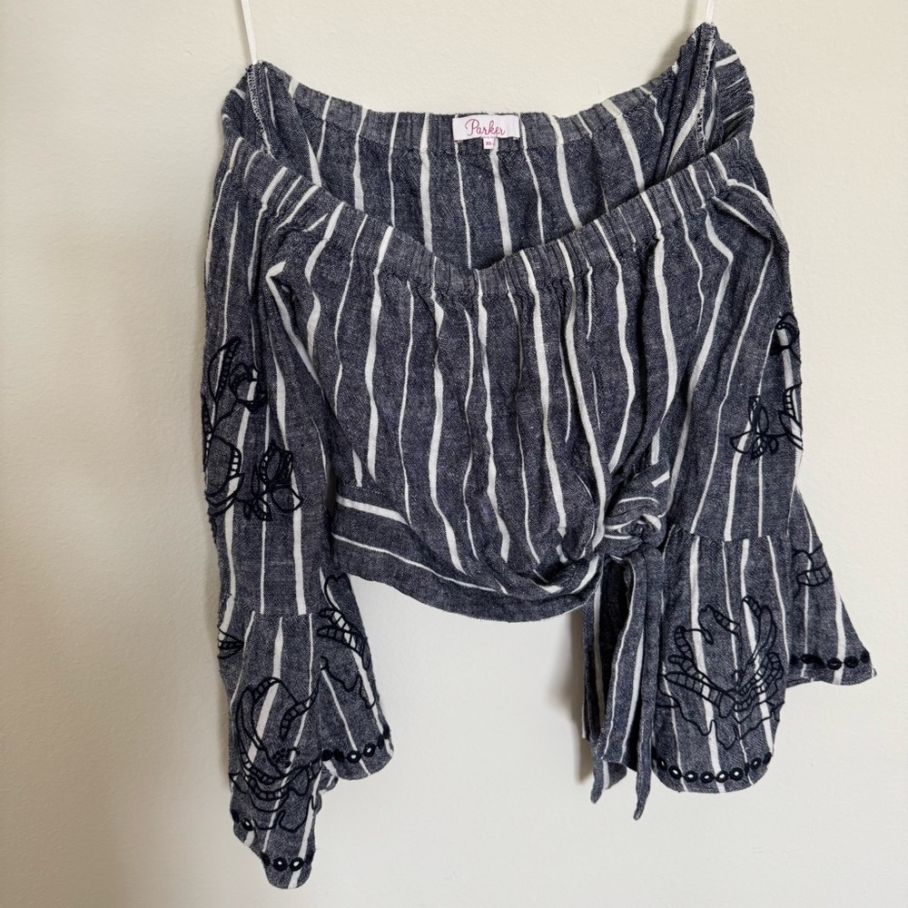 Parker Navy and White Off the Shoulder Striped Top - Picture 2 of 7